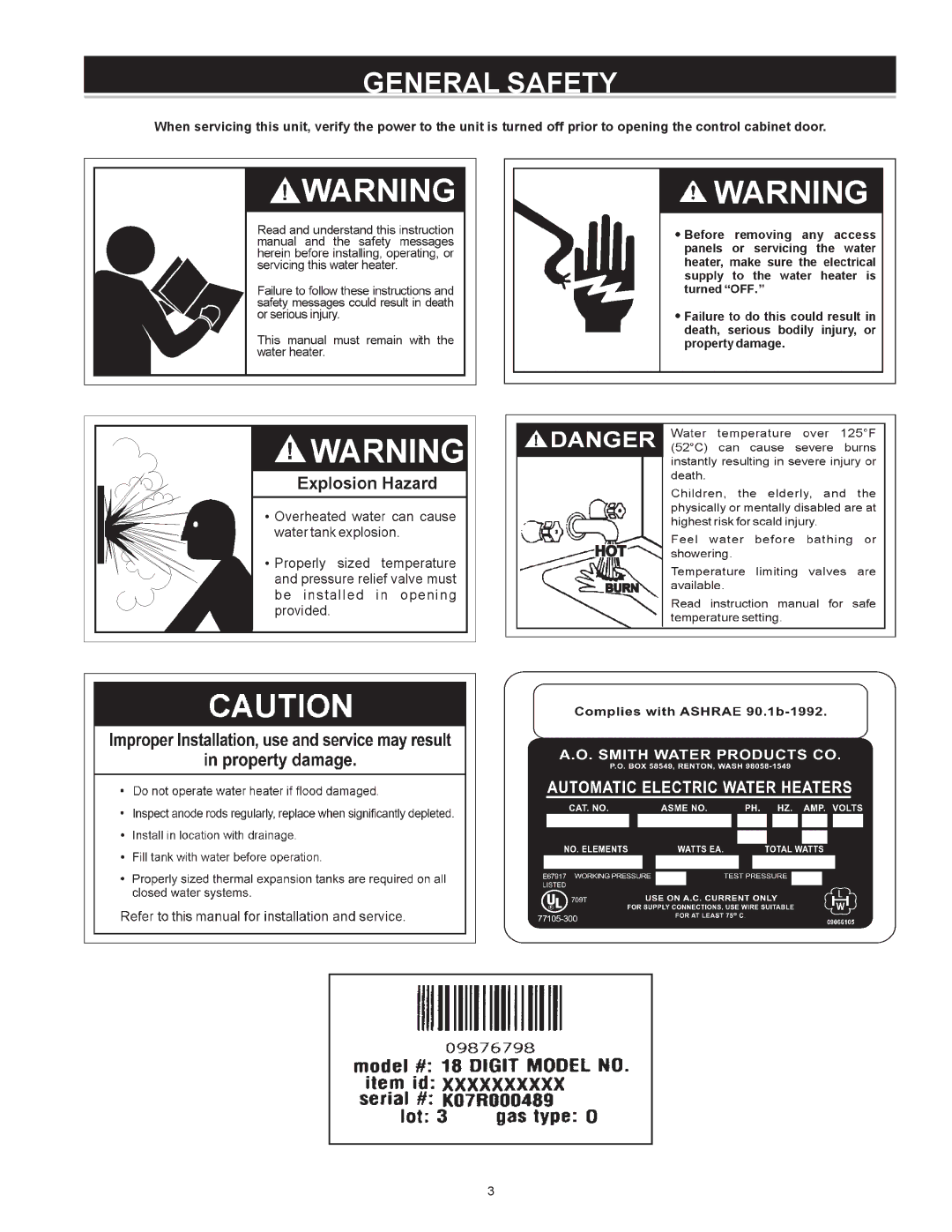 A.O. Smith DVE-150, DHE-200 instruction manual General Safety 