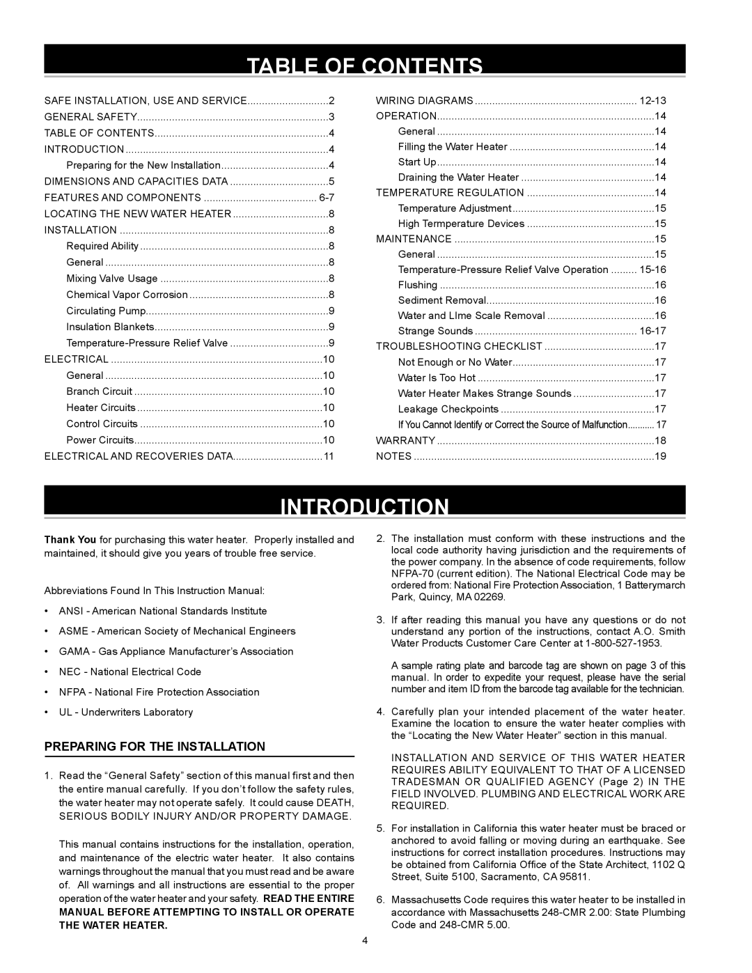 A.O. Smith DVE-150, DHE-200 instruction manual Table of Contents, Introduction 