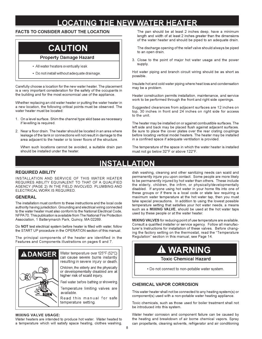 A.O. Smith DVE-150, DHE-200 instruction manual Locating the NEW Water Heater, Installation, Required Ability 