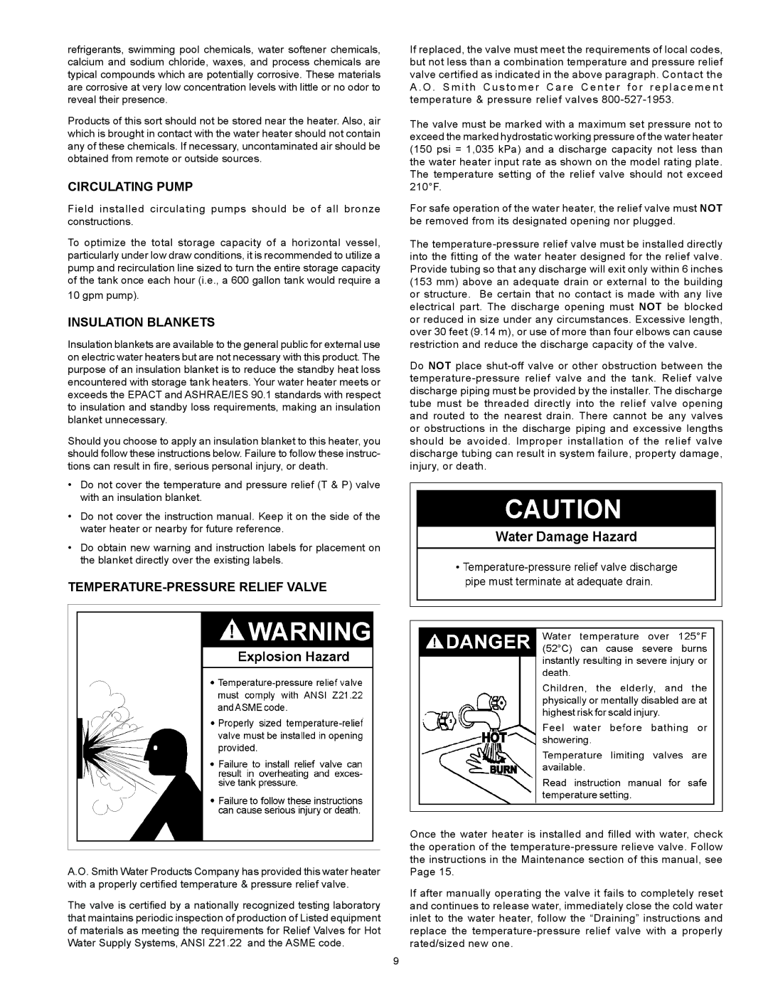 A.O. Smith DVE-150, DHE-200 instruction manual Circulating Pump, Insulation Blankets, TEMPERATURE-PRESSURE Relief Valve 