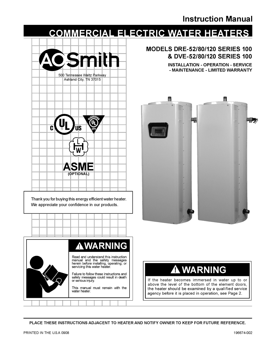 A.O. Smith Dve-52/80/120 instruction manual Installation Operation Service Maintenance Limited Warranty, Optional 