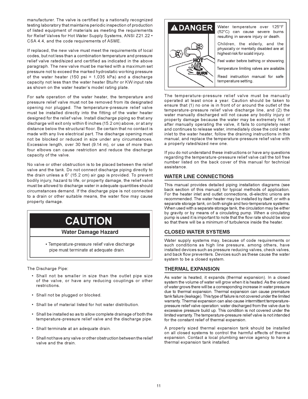 A.O. Smith Dve-52/80/120 instruction manual Water Line Connections, Closed Water Systems, Thermal Expansion 