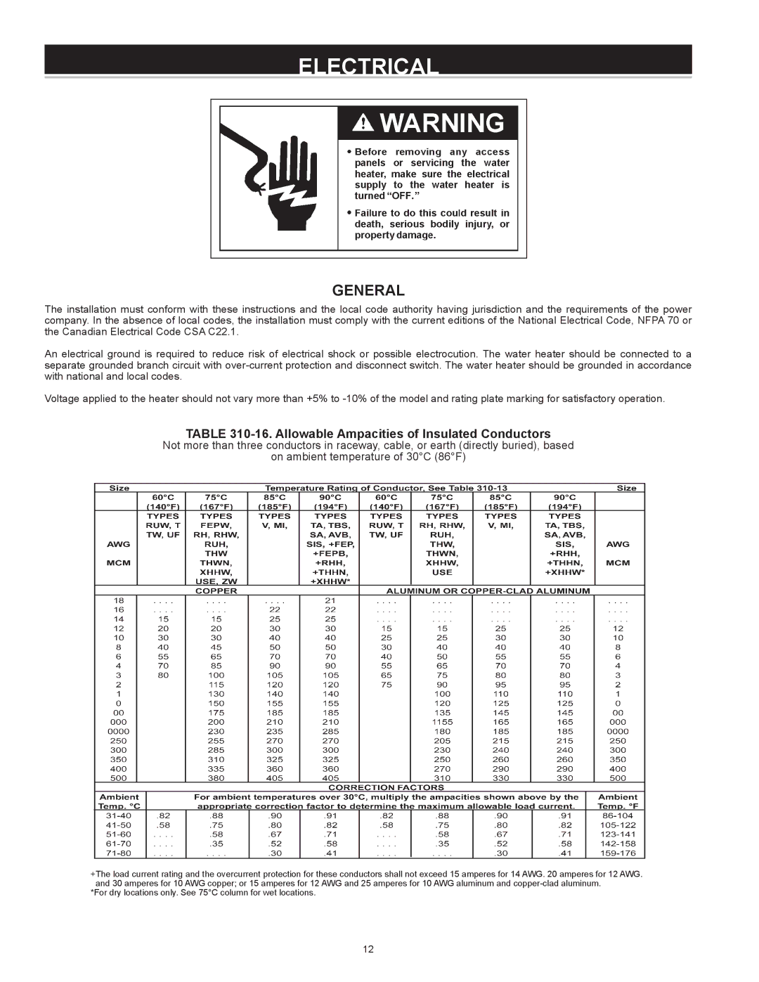 A.O. Smith Dve-52/80/120 instruction manual Electrical, Allowable Ampacities of Insulated Conductors 