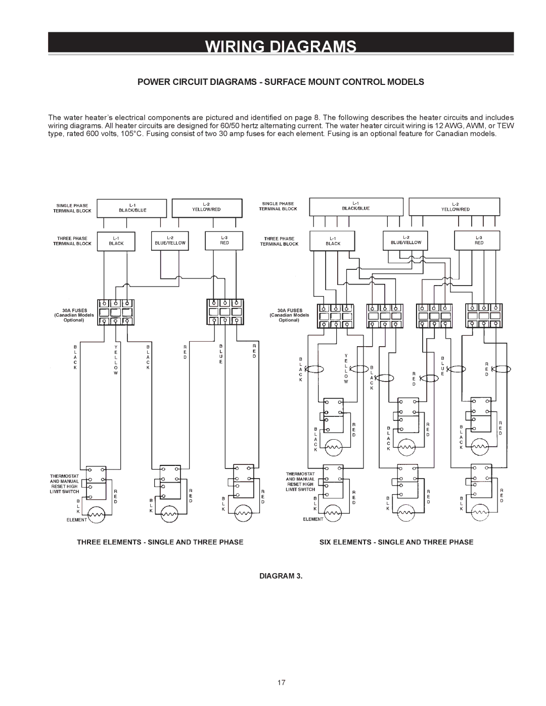 A.O. Smith Dve-52/80/120 instruction manual Power Circuit Diagrams Surface Mount Control Models 