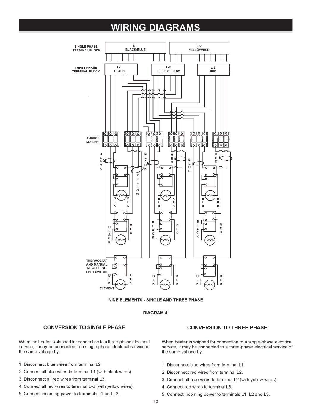 A.O. Smith Dve-52/80/120 instruction manual Conversion to Single Phase, Nine Elements Single and Three Phase Diagram 