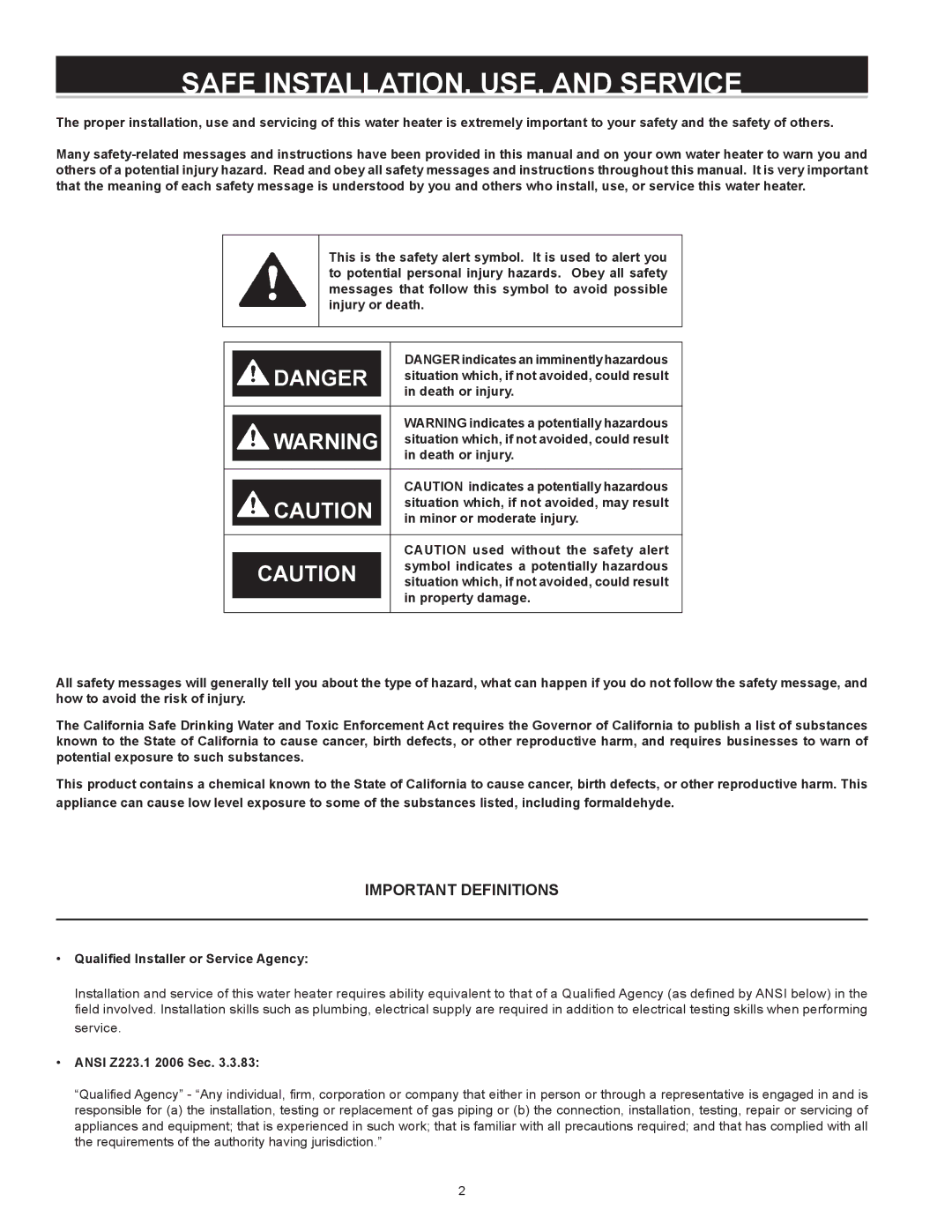 A.O. Smith Dve-52/80/120 Safe INSTALLATION, USE, and Service, Important Definitions, Qualified Installer or Service Agency 