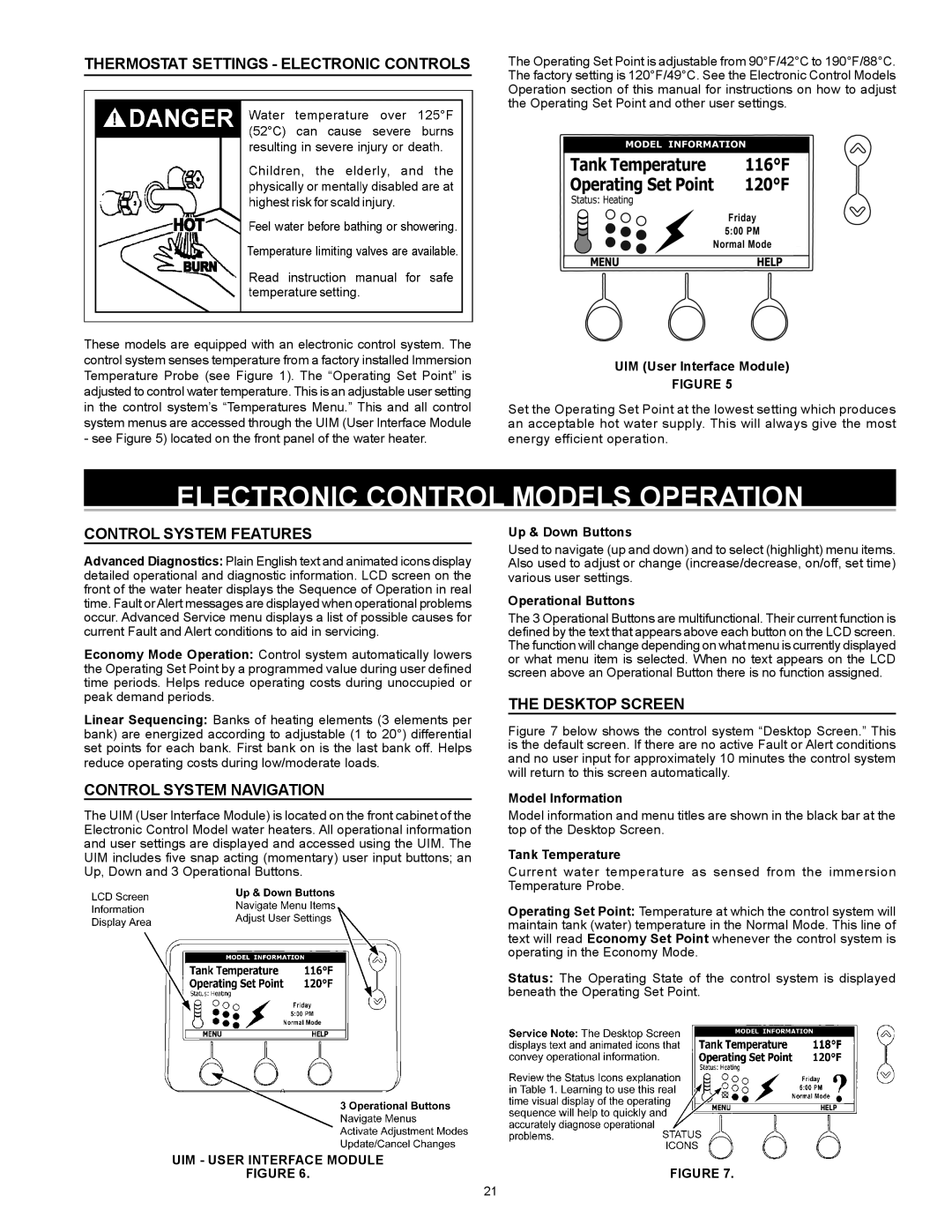 A.O. Smith Dve-52/80/120 Electronic Control Models Operation, Thermostat Settings electronic CONTROLs, Desktop Screen 