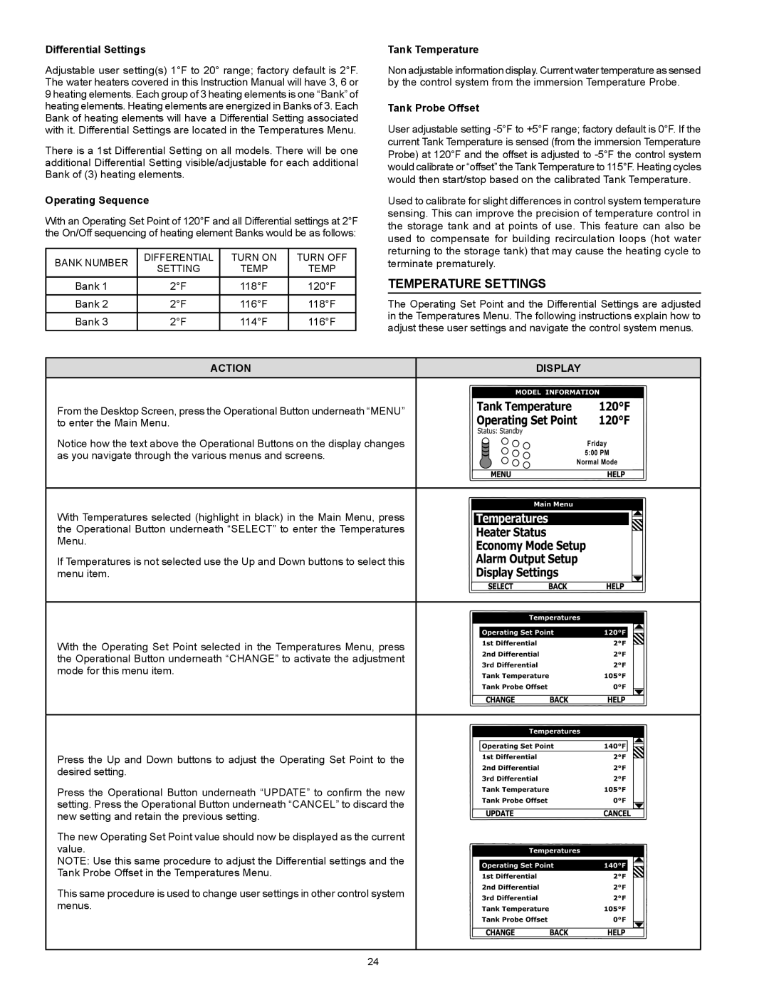 A.O. Smith Dve-52/80/120 Temperature Settings, Differential Settings, Operating Sequence, Tank Probe Offset 