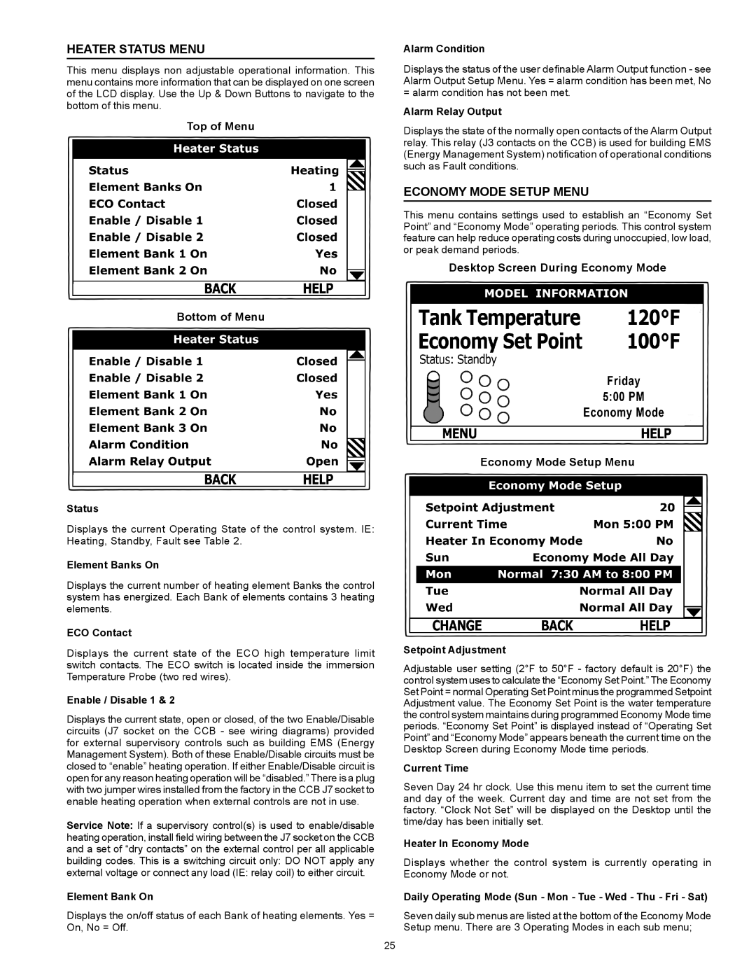 A.O. Smith Dve-52/80/120 instruction manual Heater Status Menu, Economy Mode Setup Menu 