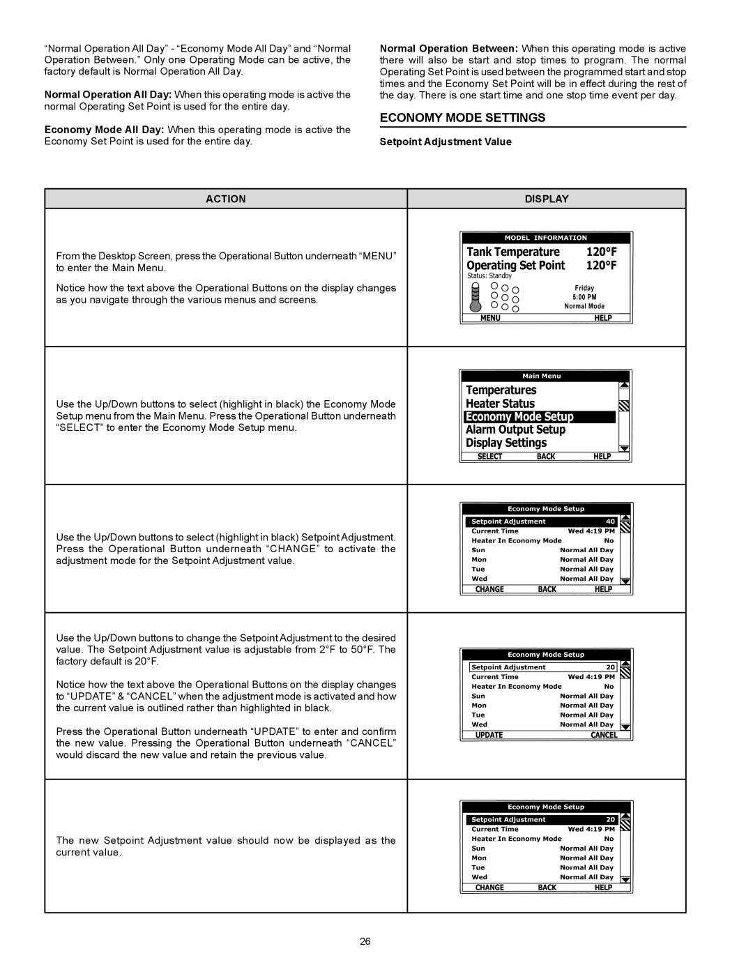 A.O. Smith Dve-52/80/120 instruction manual Economy Mode Settings, Setpoint Adjustment Value 