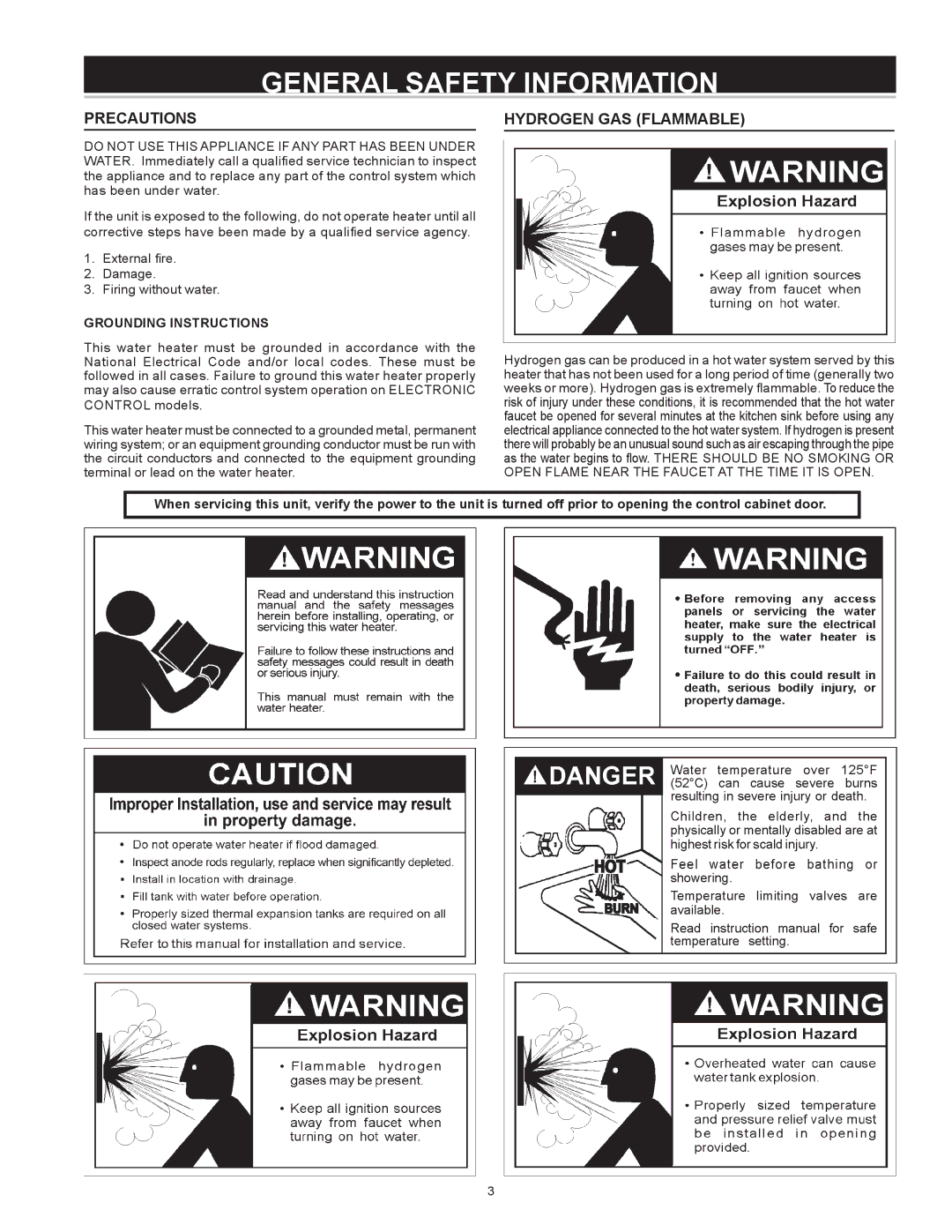 A.O. Smith Dve-52/80/120 General Safety Information, Precautions, Hydrogen GAS Flammable, Grounding Instructions 