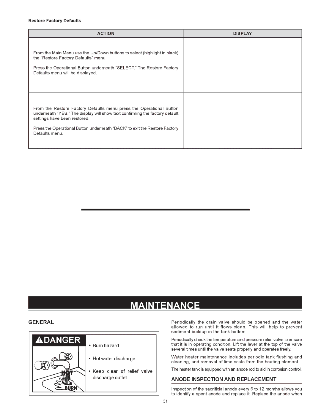 A.O. Smith Dve-52/80/120 instruction manual Maintenance, Anode Inspection and Replacement, Restore Factory Defaults 