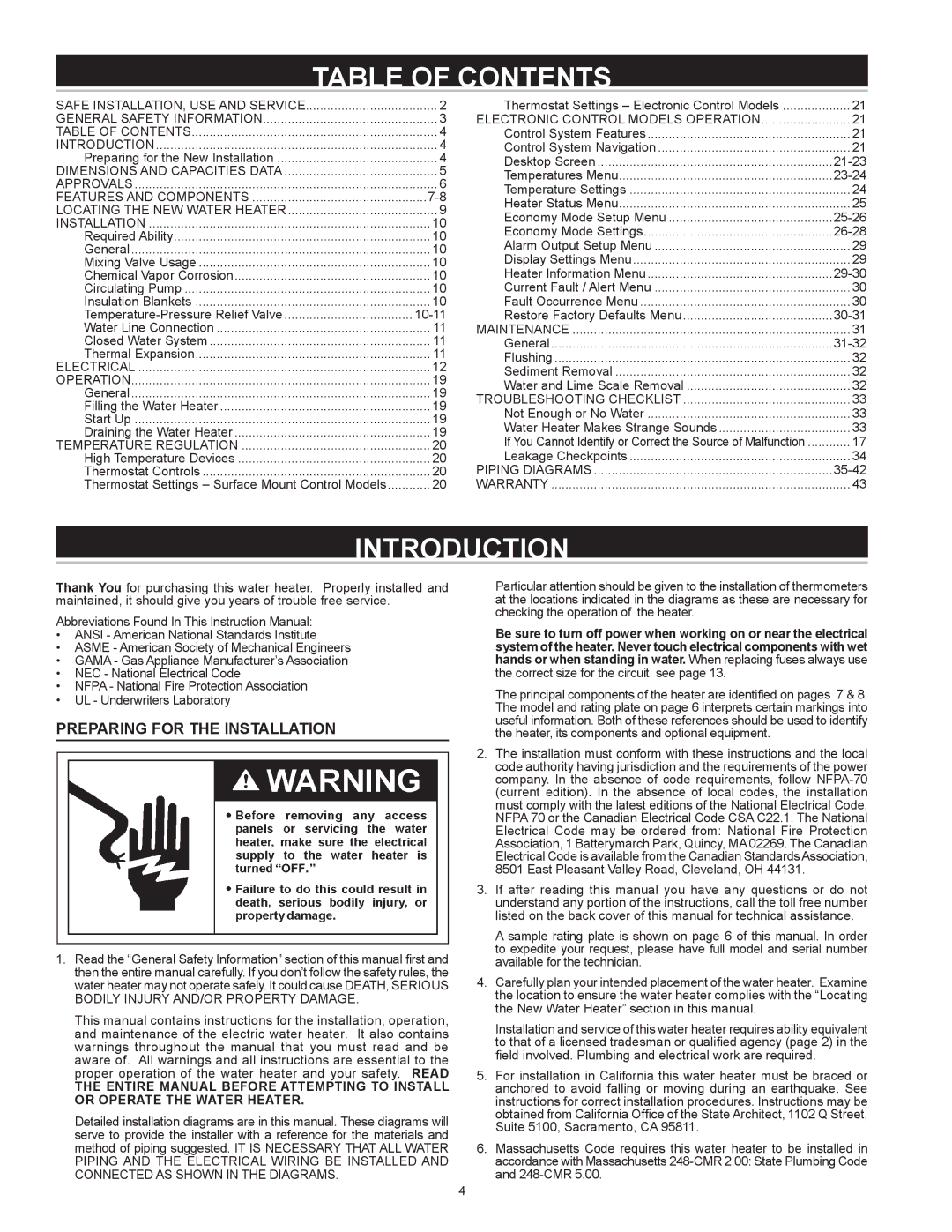 A.O. Smith Dve-52/80/120 instruction manual Table of Contents, Introduction 