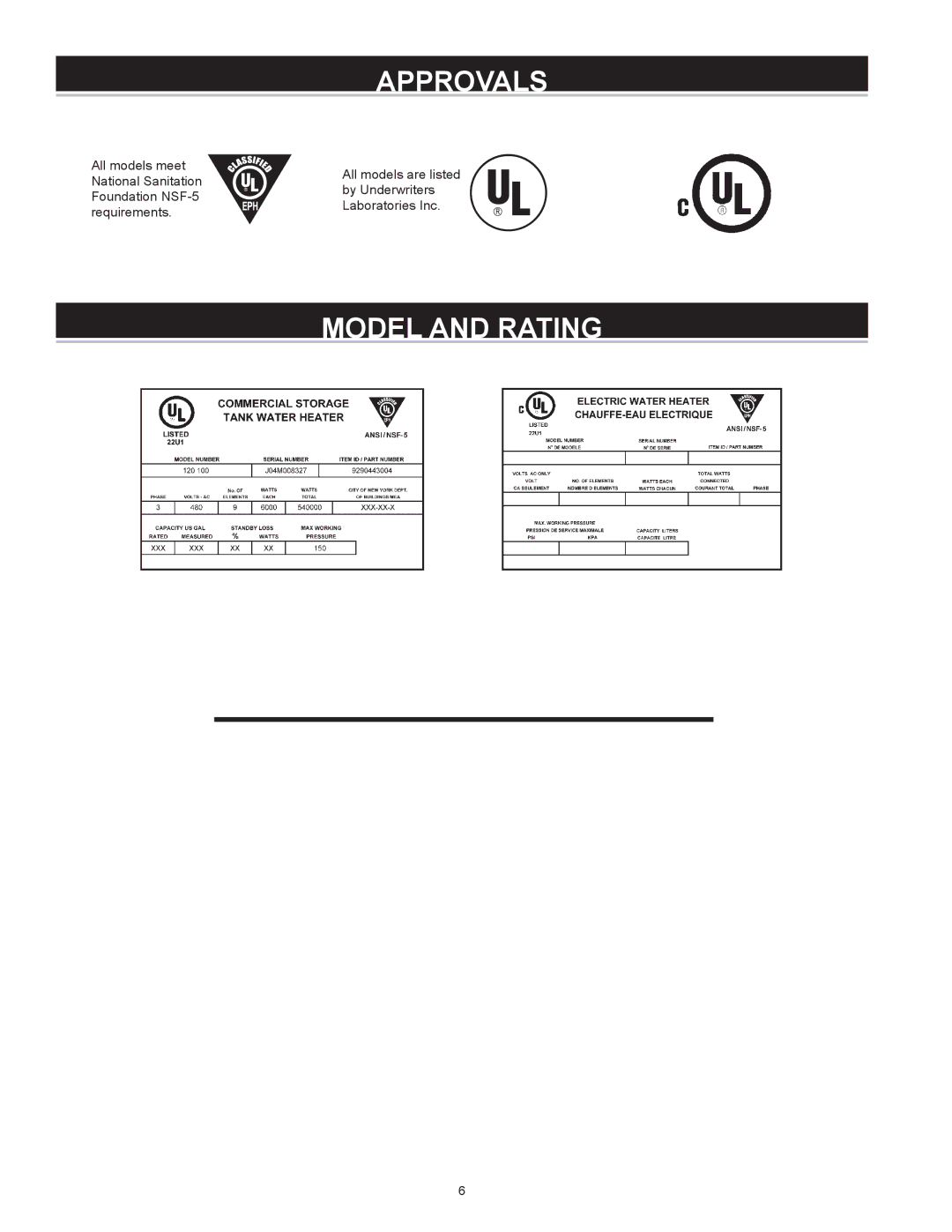 A.O. Smith Dve-52/80/120 instruction manual Approvals, Model and Rating 