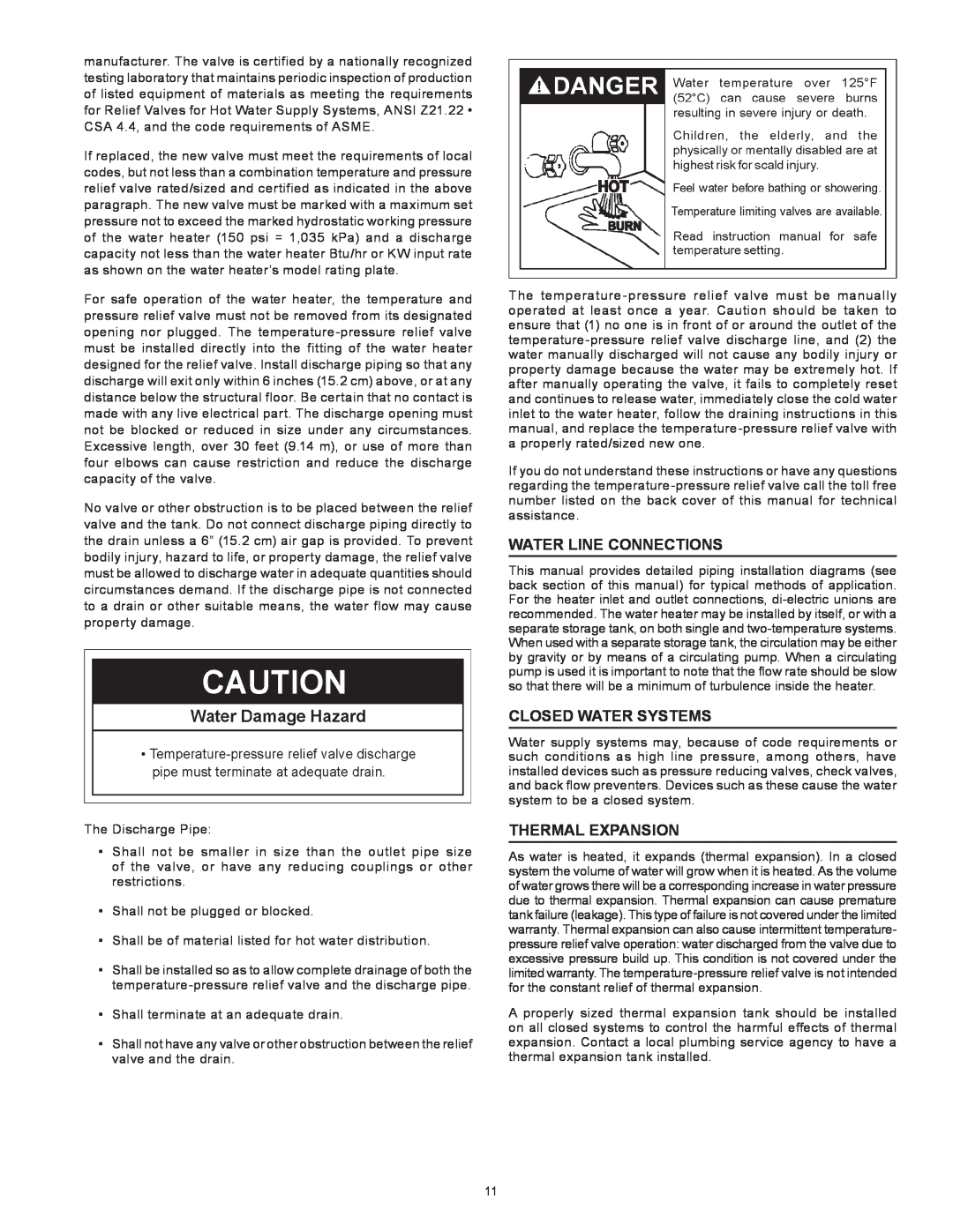 A.O. Smith Dve-52/80/120 instruction manual Water Line Connections, Closed Water Systems, Thermal Expansion 