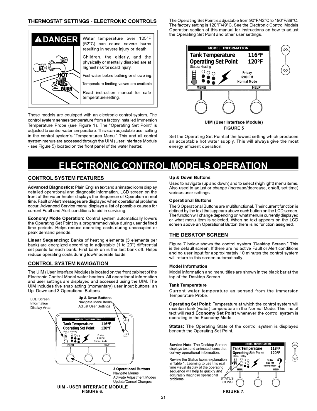 A.O. Smith Dve-52/80/120 Electronic Control Models Operation, THERMOSTAT SETTINGS - electronic CONTROLs, Up & Down Buttons 