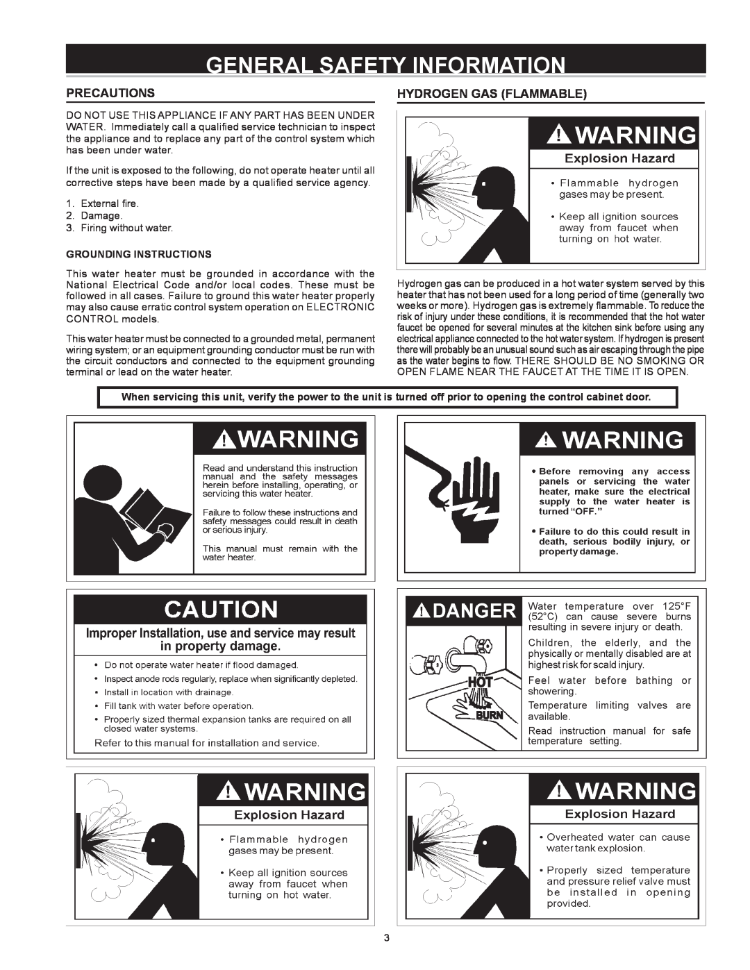 A.O. Smith Dve-52/80/120 General Safety Information, Precautions, Hydrogen Gas Flammable, Grounding Instructions 