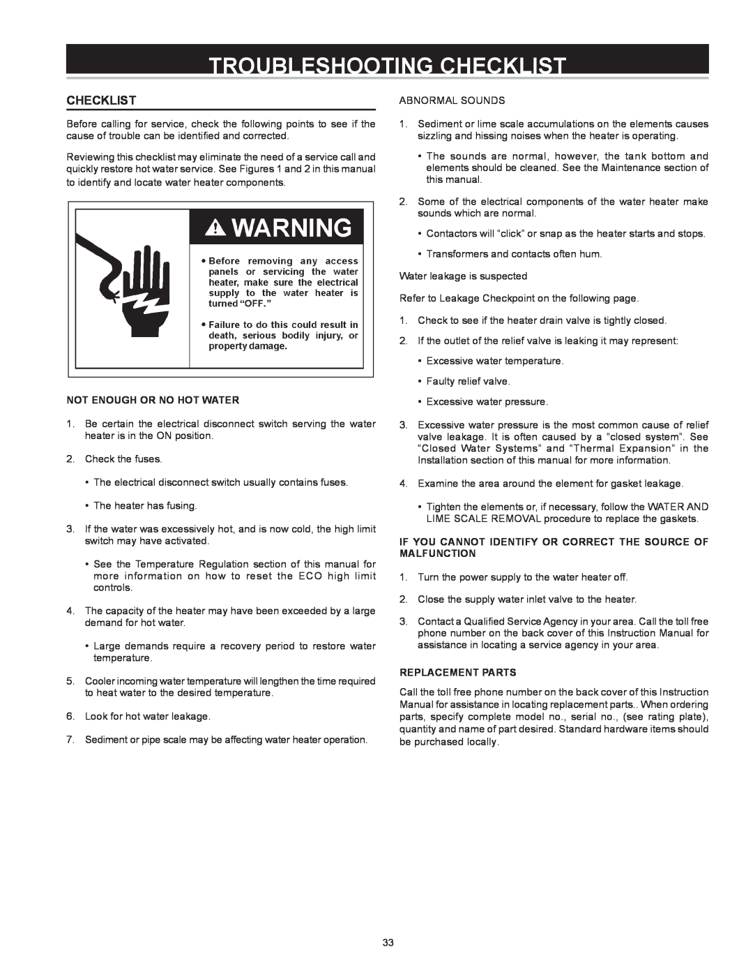 A.O. Smith Dve-52/80/120 instruction manual Troubleshooting Checklist, Not enough or no hot water, Replacement Parts 