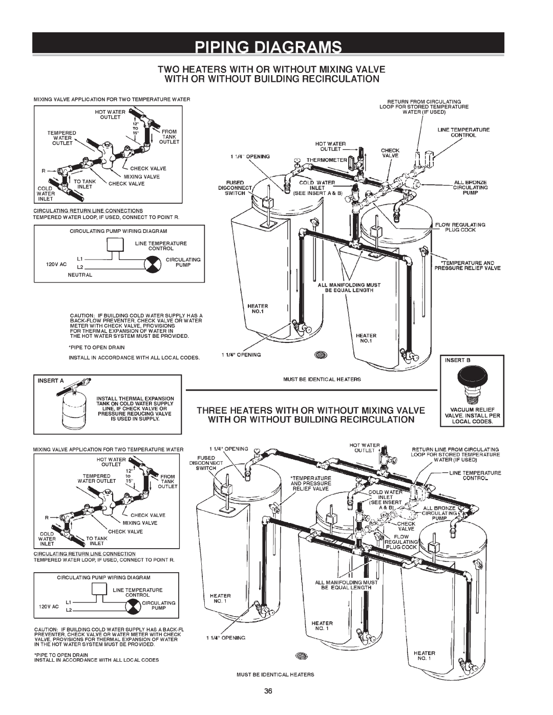 A.O. Smith Dve-52/80/120 instruction manual Piping Diagrams, Insert B Vacuum Relief Valve. Install Per Local Codes 