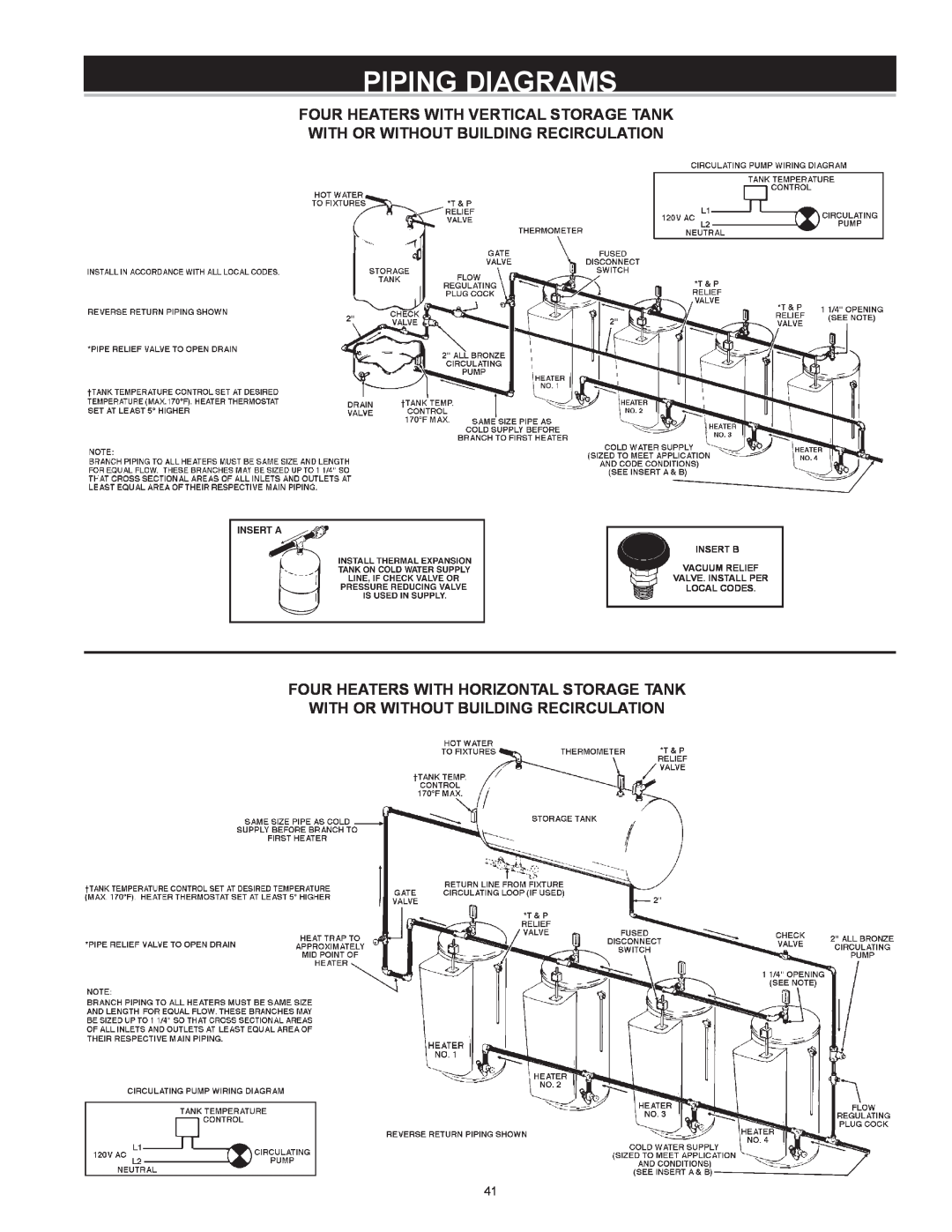 A.O. Smith Dve-52/80/120 instruction manual Four Heaters With Horizontal Storage Tank, Piping Diagrams 