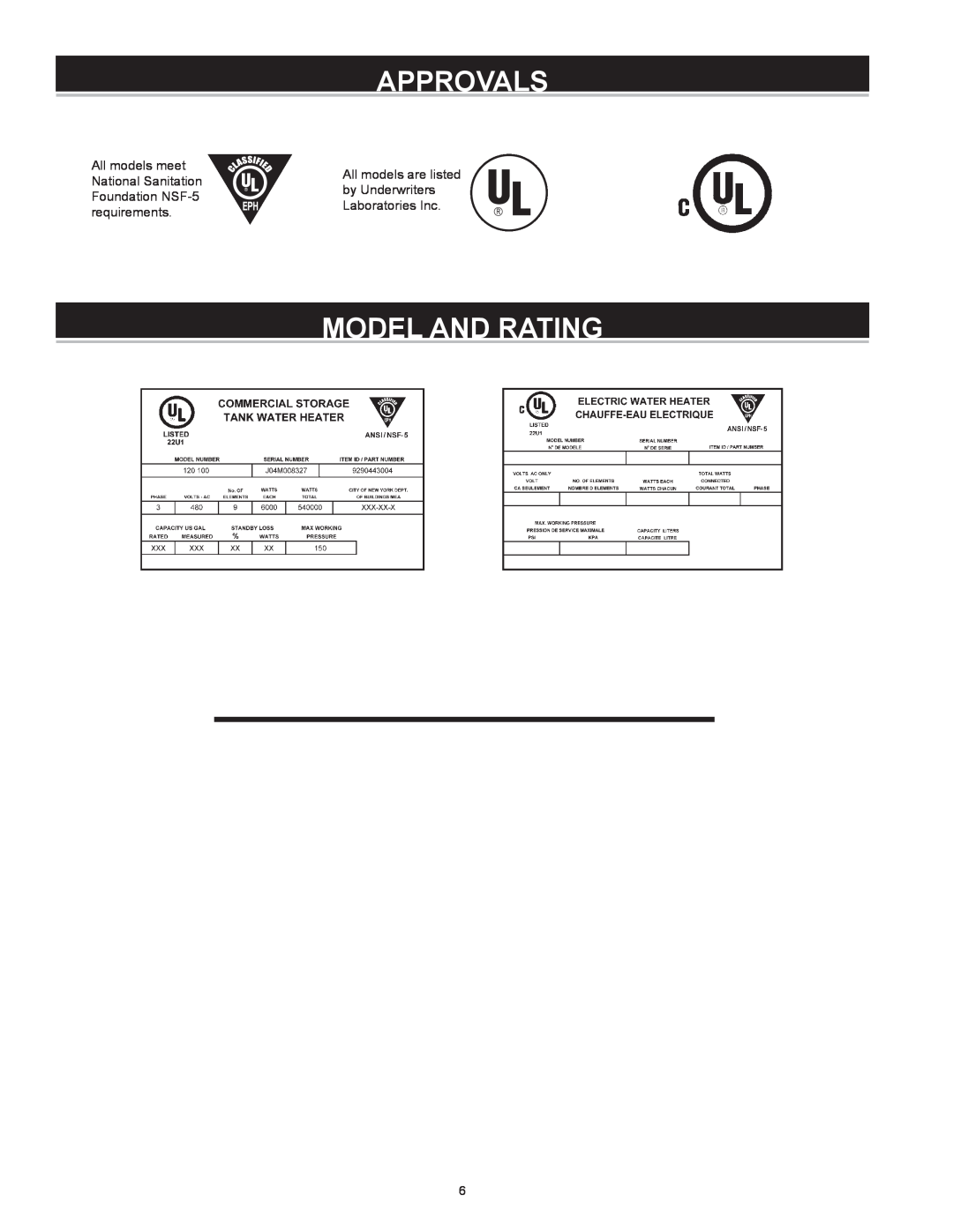 A.O. Smith Dve-52/80/120 Approvals, Model And Rating, All models meet, All models are listed, National Sanitation 