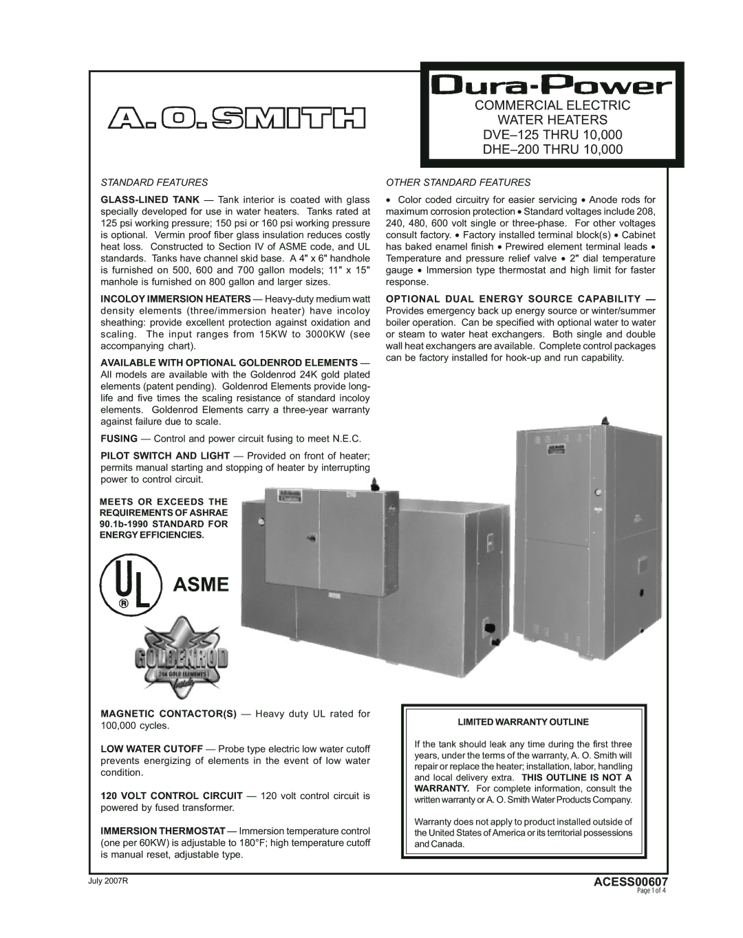 A.O. Smith DHE200 THRU 10, DVE125 THRU 10, 000 warranty Other Standard Features 