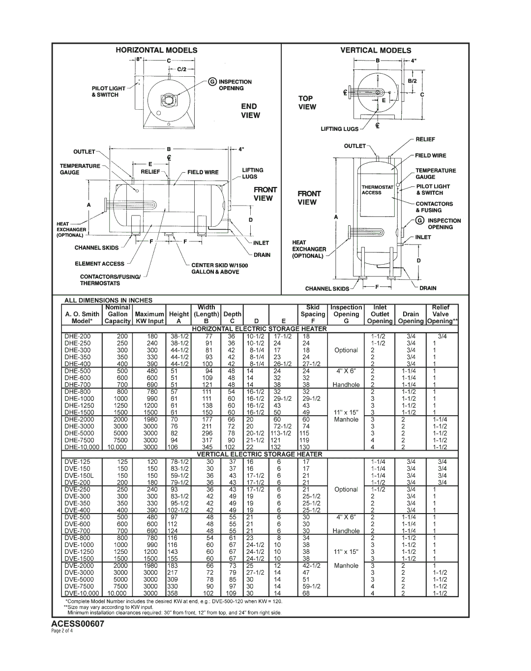 A.O. Smith 000, DVE125 THRU 10, DHE200 THRU 10 warranty ACESS00607 