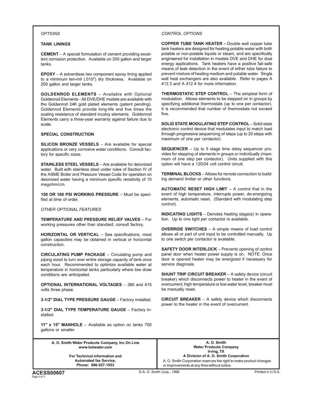 A.O. Smith DHE200 THRU 10, DVE125 THRU 10 Tank Linings, Special Construction, Other Optional Features, Control Options 