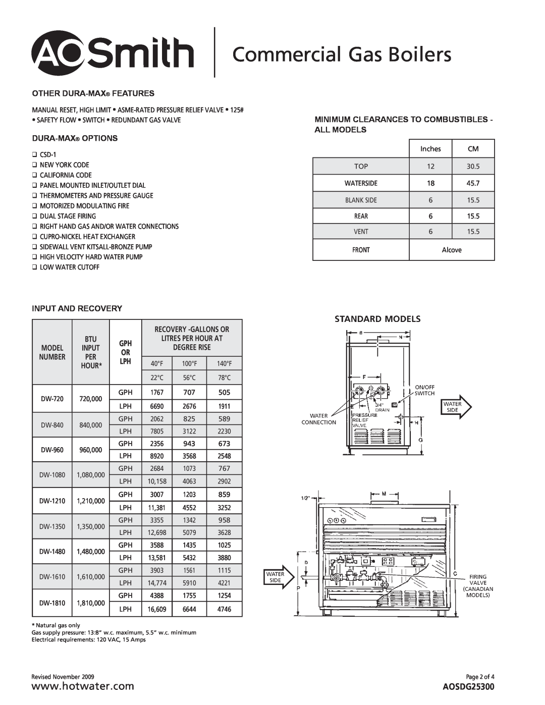 A.O. Smith DW-1810 Other Dura-Max Features, Dura-Max Options, Minimum Clearances To Combustibles - All Models, AOSDG25300 