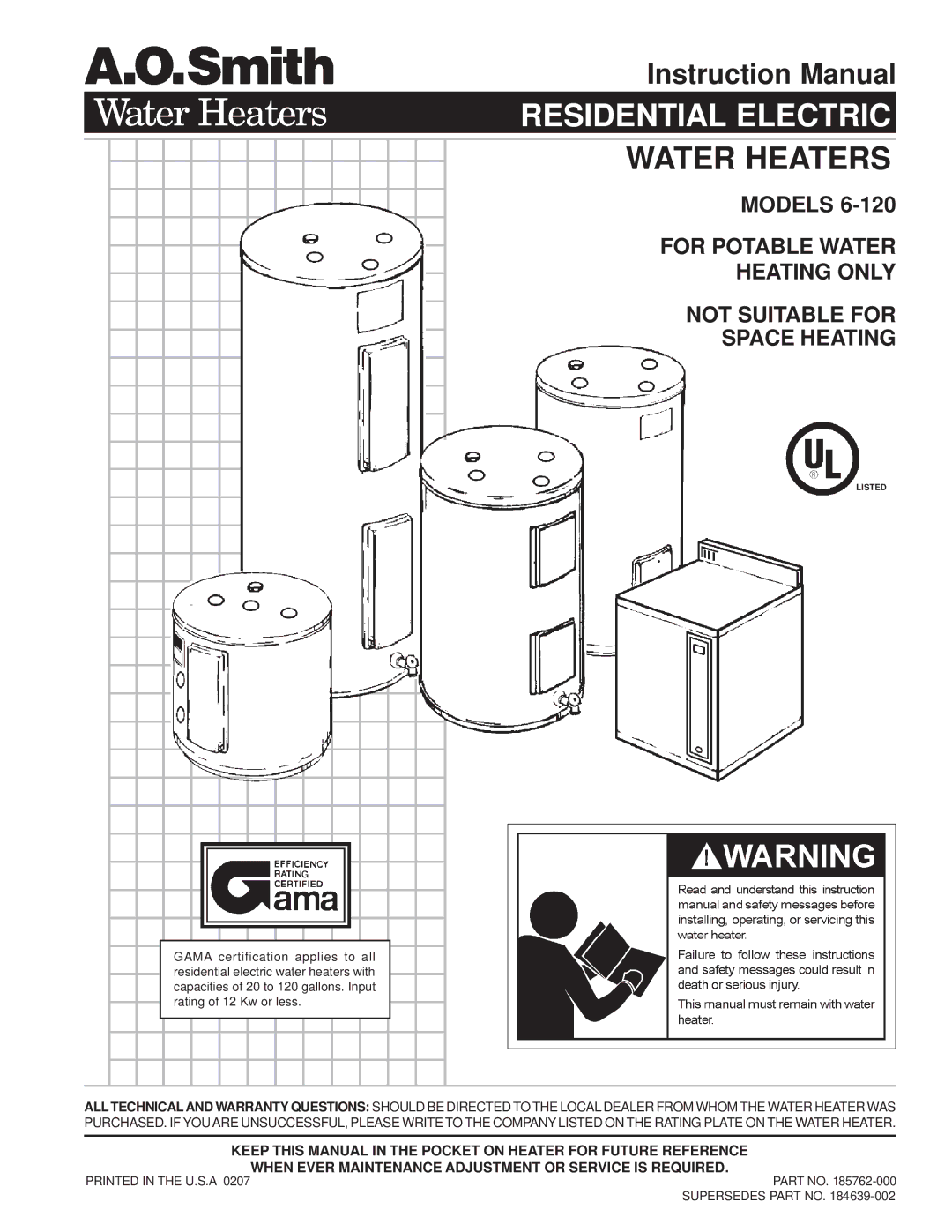 A.O. Smith EJCN-40, EJC-30, ECT-80, ESTT-30, ESTT-40, ECT-52, ECT-66, ECS-30, ECLN-40 instruction manual Residential Electric 