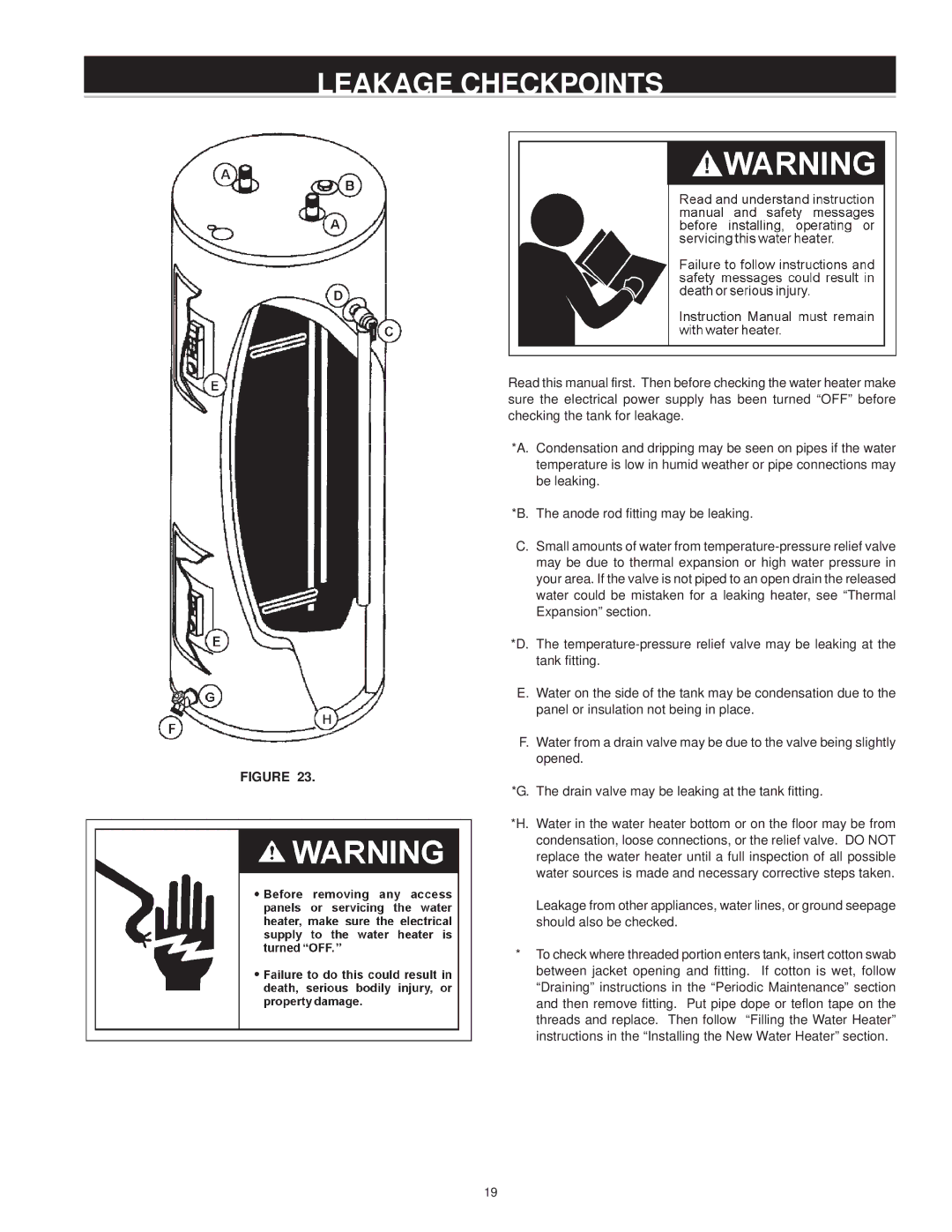 A.O. Smith EJC-30, EJCN-40, ECT-80, ESTT-30, ESTT-40, ECT-52, ECT-66, ECS-30, ECLN-40, ECT-40, ECT-30, ECT-120 Leakage Checkpoints 