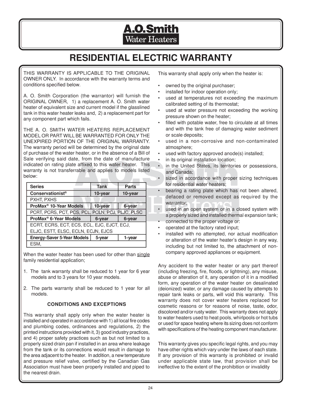 A.O. Smith ECT-52, EJC-30, EJCN-40, ECT-80, ESTT-30, ESTT-40, ECT-66 Residential Electric Warranty, Conditions and Exceptions 