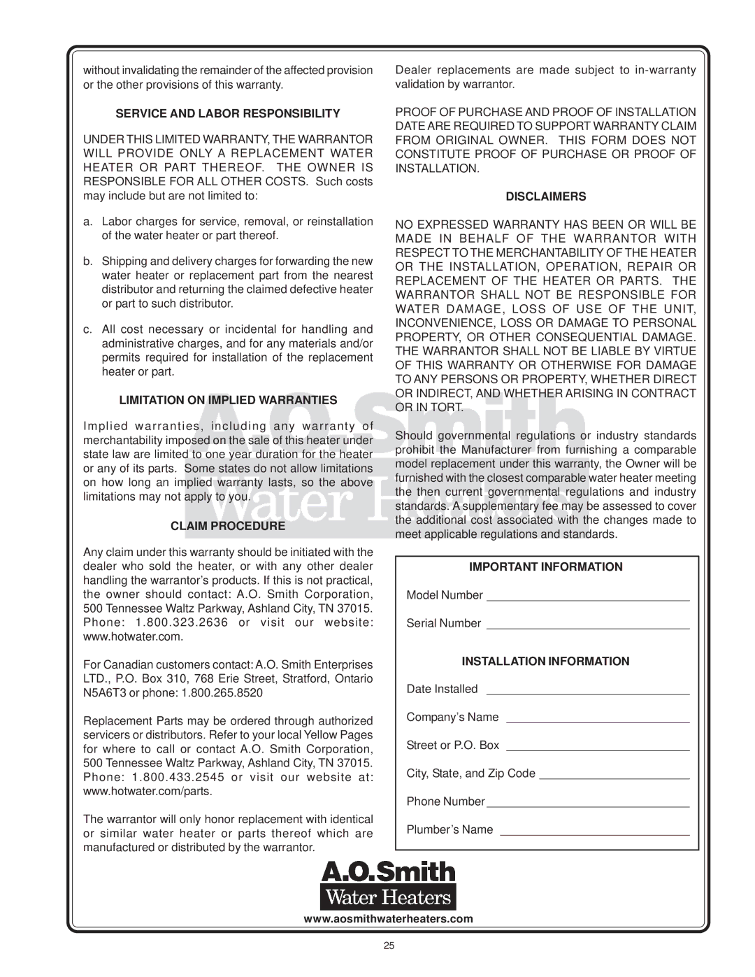 A.O. Smith ECT-66, EJC-30 Service and Labor Responsibility, Limitation on Implied Warranties, Claim Procedure, Disclaimers 