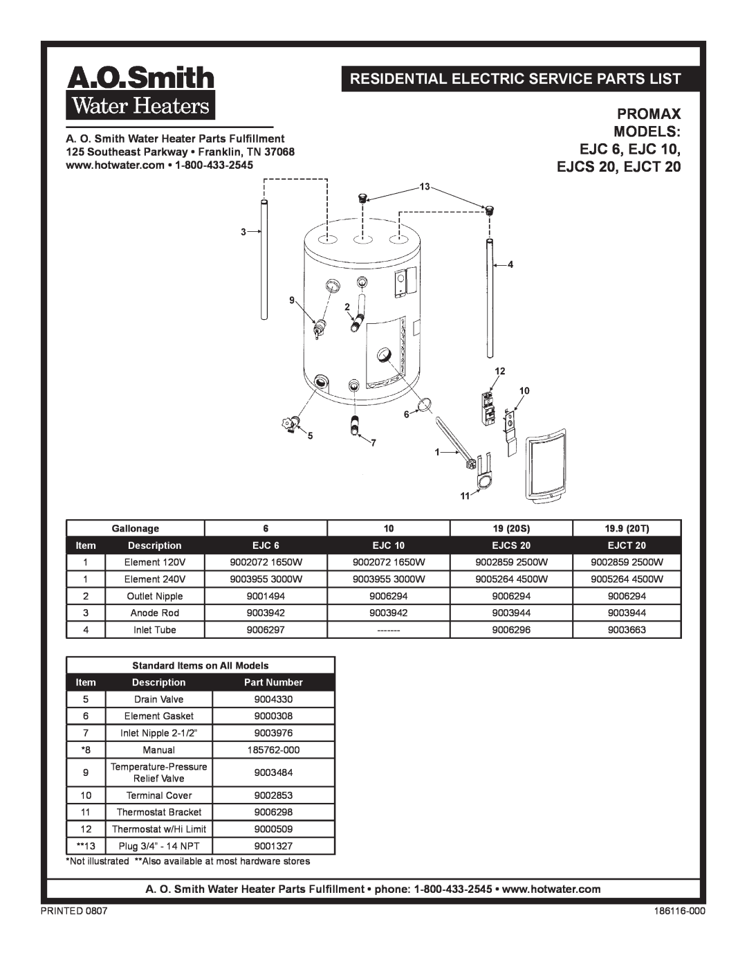 A.O. Smith manual Residential Electric Service Parts List, PROMAX MODELS EJC 6, EJC EJCS 20, EJCT, Gallonage, 19 20S 