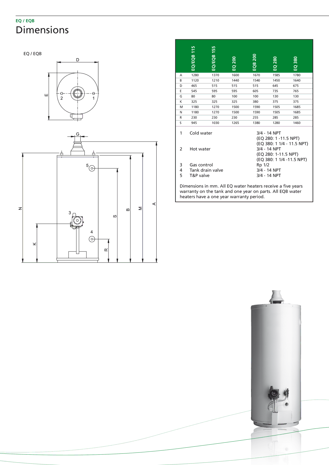 A.O. Smith EQ / EQB manual Dimensions, Eq/Eqb 