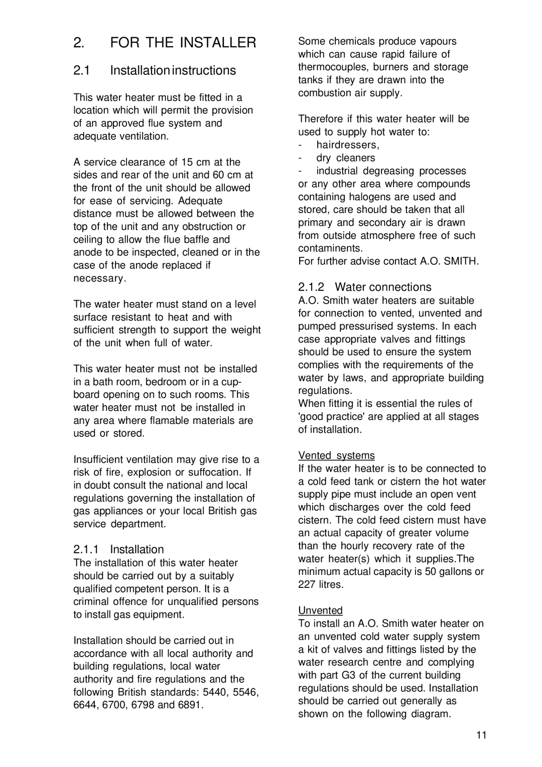 A.O. Smith EQH 200 G, EQ 155 G, EQ 115 G manual Installation instructions, Water connections 