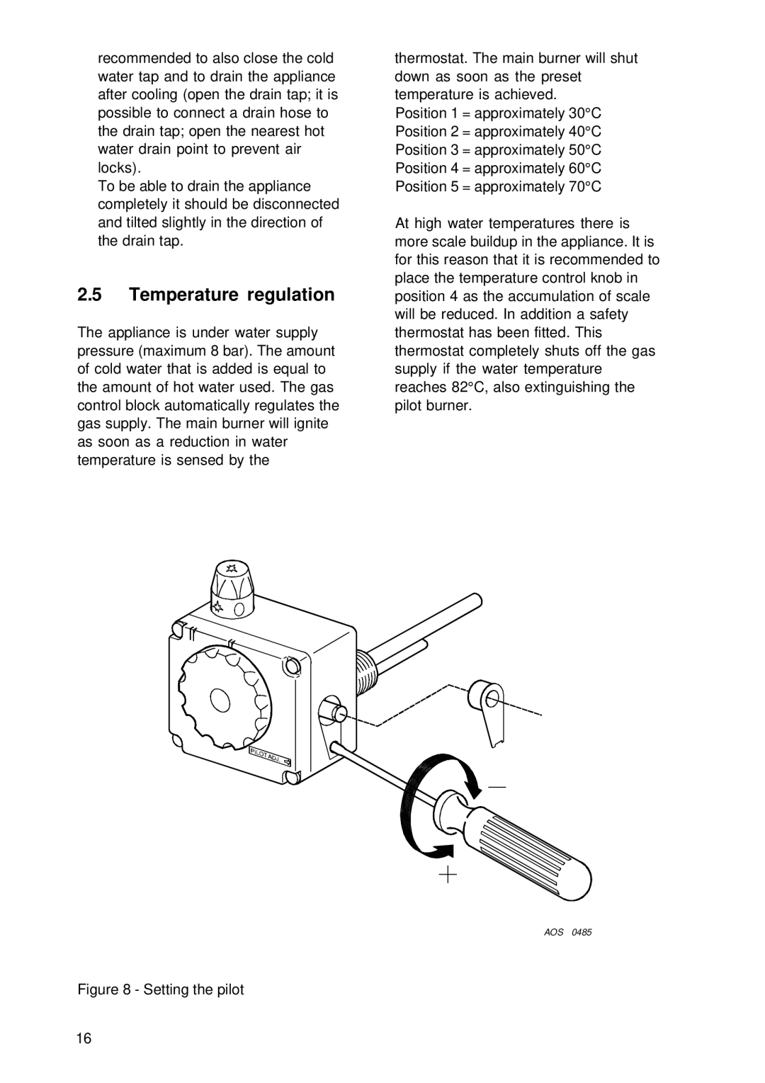 A.O. Smith EQ 115 G, EQ 155 G, EQH 200 G manual Temperature regulation, Setting the pilot 