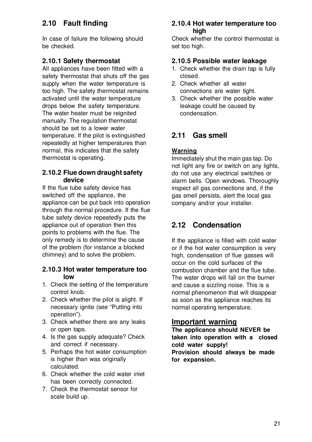 A.O. Smith EQ 155 G, EQ 115 G, EQH 200 G manual Fault finding, Gas smell, Condensation, Important warning 