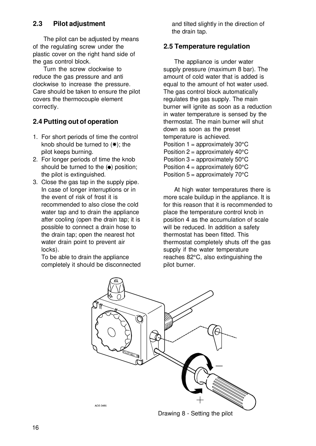 A.O. Smith EQ 380 G, EQ 280 G manual Pilot adjustment, Putting out of operation, Temperature regulation 