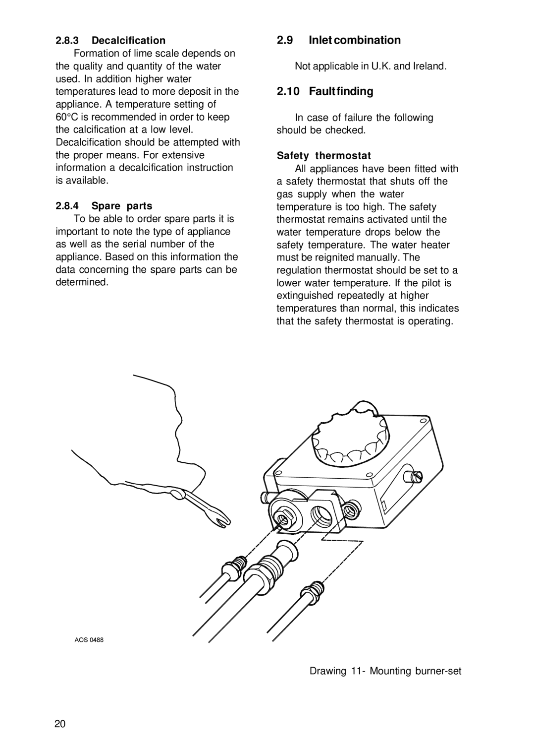 A.O. Smith EQ 380 G, EQ 280 G manual Inlet combination, Fault finding, Decalcification, Spare parts, Safety thermostat 