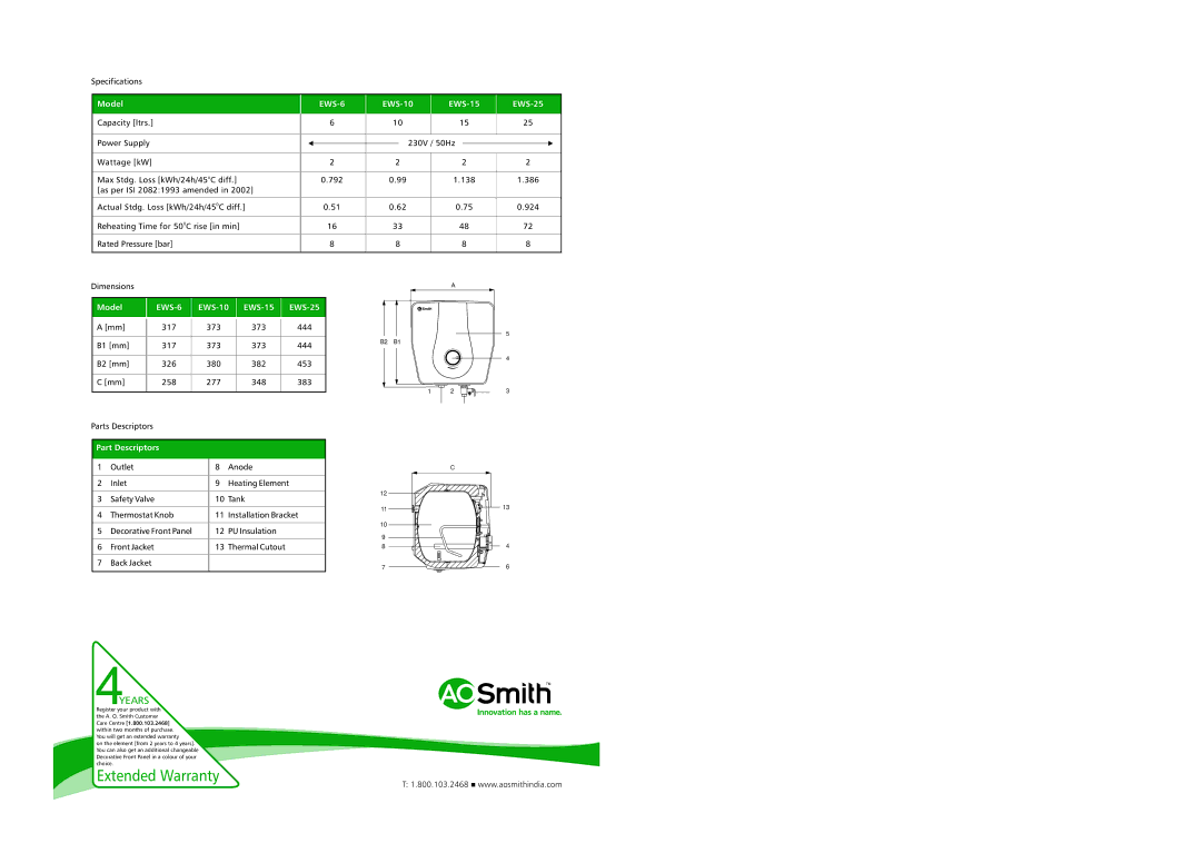 A.O. Smith EWS-10, EWS-25, EWS-15 warranty Extended Warranty 