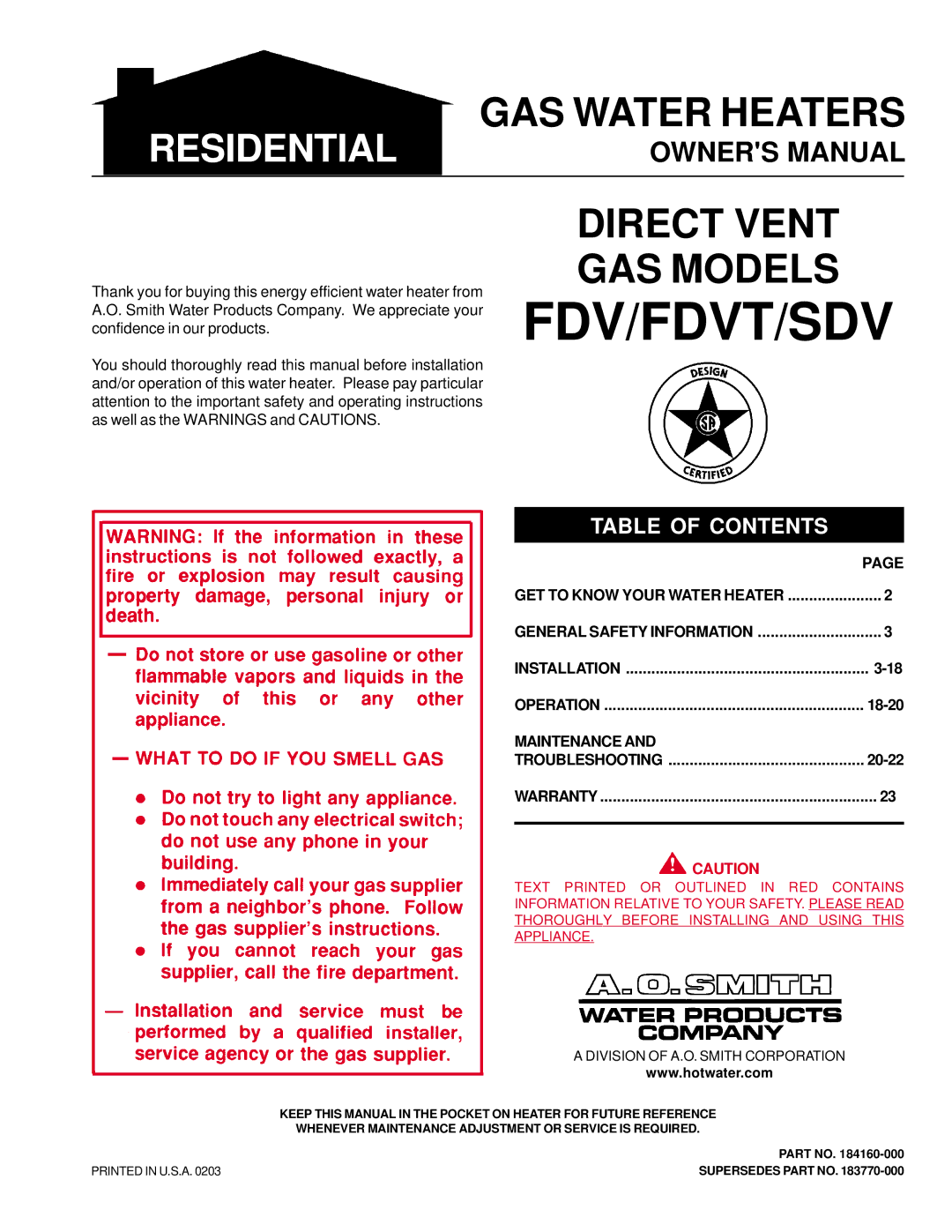 A.O. Smith FDVT, SDV owner manual Fdv/Fdvt/Sdv 