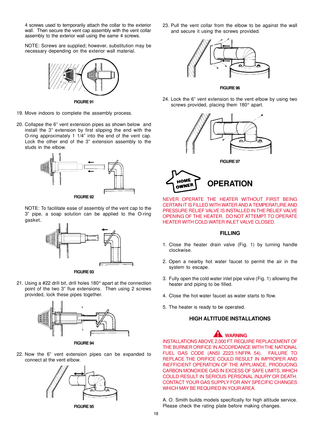 A.O. Smith FDVT, SDV owner manual Operation, Filling, High Altitude Installations 