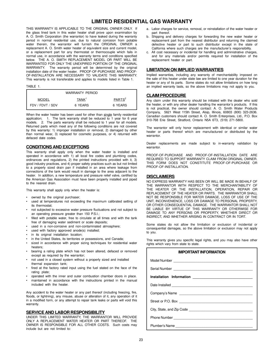 A.O. Smith SDV Conditions and Exceptions, Service and Labor Responsibility, Limitation on Implied Warranties, Disclaimers 