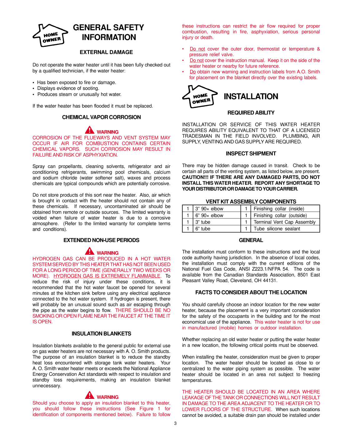 A.O. Smith FDVT, SDV owner manual General Safety Information, Installation 