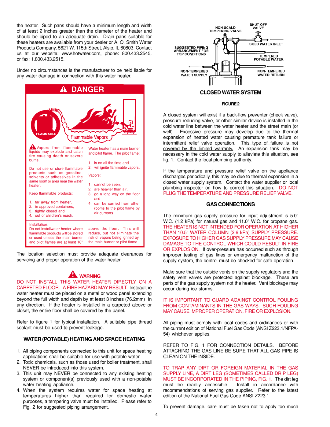 A.O. Smith FDVT, SDV owner manual Water Potable Heating and Space Heating, Closed Water System, GAS Connections 