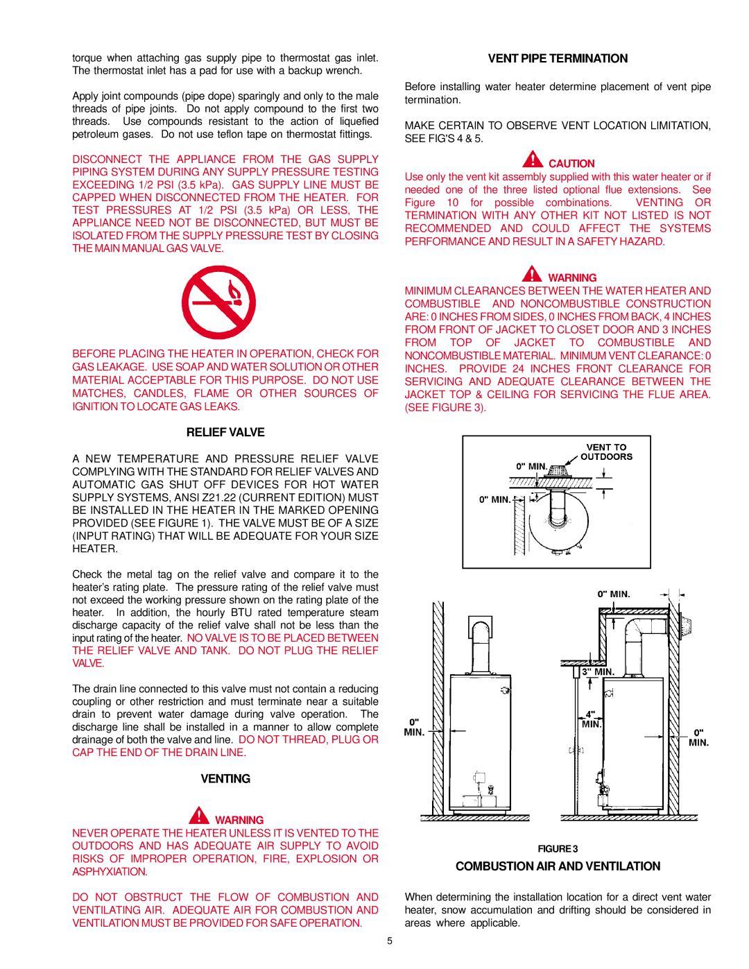 A.O. Smith SDV, FDVT owner manual Relief Valve, Venting, Vent Pipe Termination, Combustion AIR and Ventilation 