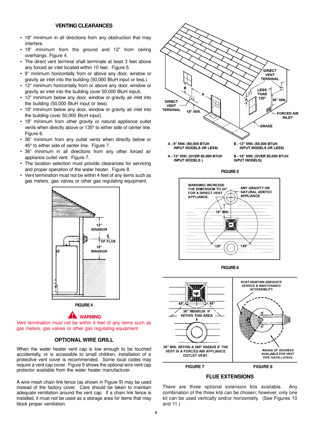 A.O. Smith FDVT, SDV owner manual Venting Clearances, Optional Wire Grill, Flue Extensions 