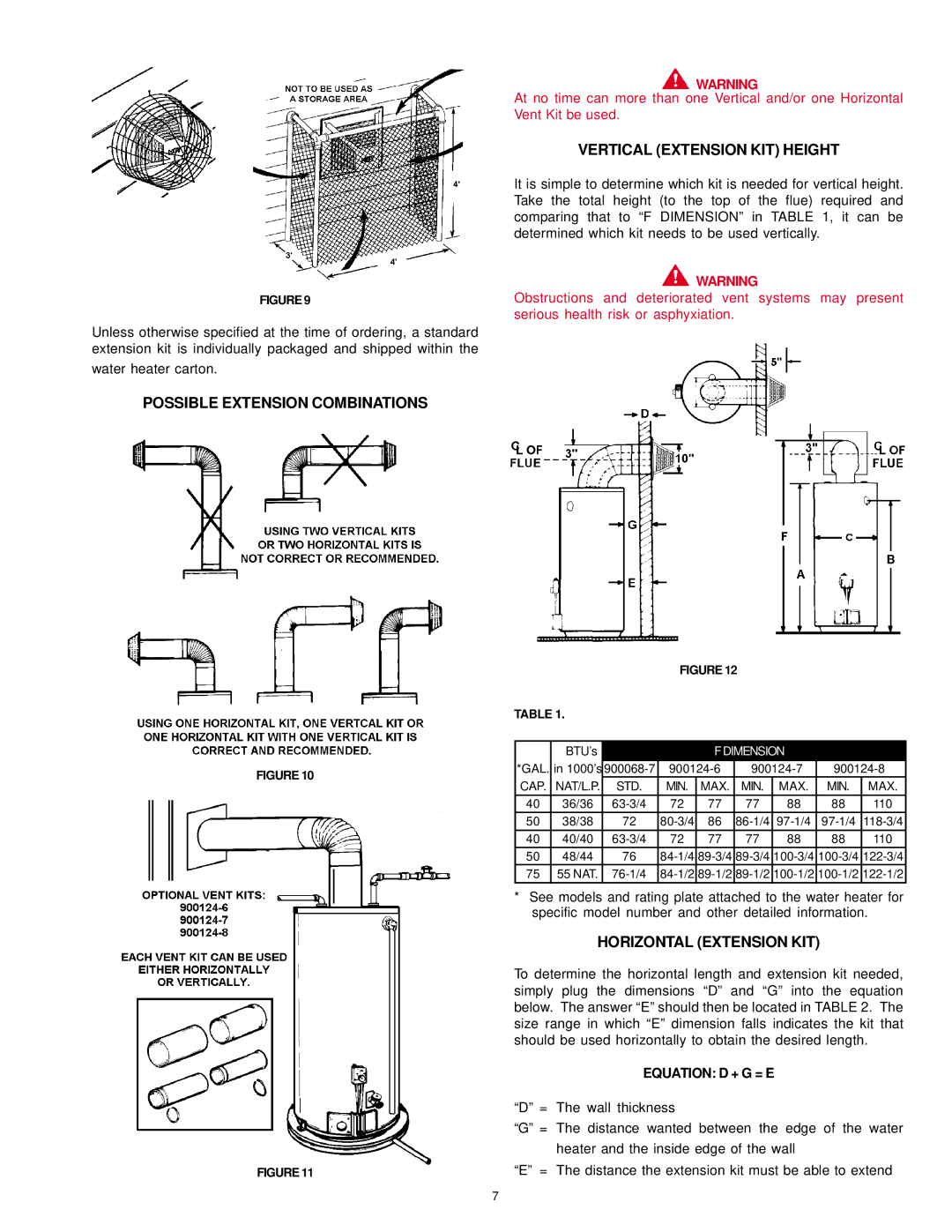 A.O. Smith FDVT, SDV owner manual Possible Extension Combinations, Vertical Extension KIT Height, Horizontal Extension KIT 