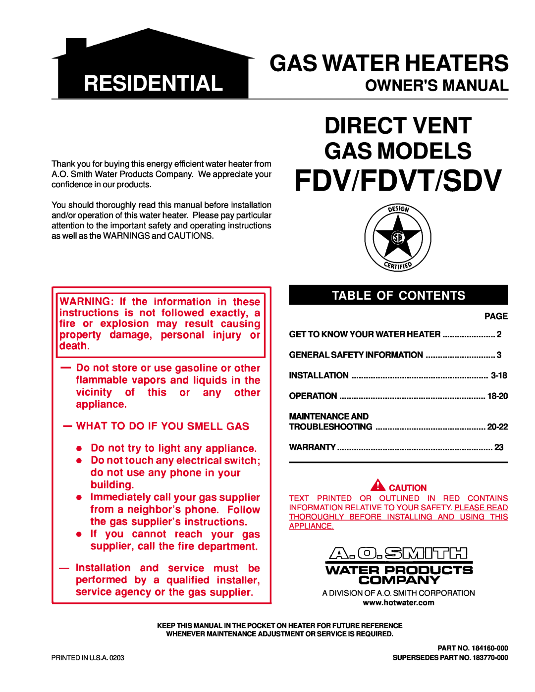 A.O. Smith FDVT owner manual Owners Manual, Page, 3-18, 18-20, Maintenance And, 20-22, Fdv/Fdvt/Sdv, Gas Water Heaters 